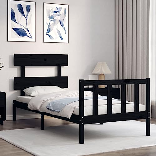 HEFZGDB Massivholzbett mit Kopfteil Schwarz Jugendbett Bettgestell Familienbett Doppelbett für Gästezimmer Herberge Schlafzimmer Wohnbereich von HEFZGDB
