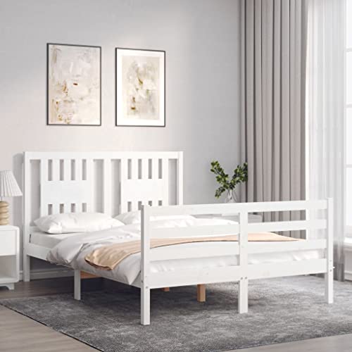 HEFZGDB Massivholzbett mit Kopfteil Weiß 140x190 cm Double Bed Gästebett Bettgestell Bettrahmen für Herberge Schlafzimmer Wohnbereich Gästezimmer von HEFZGDB
