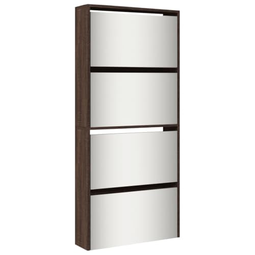 HEFZGDB Schuhschrank mit Spiegel 4 Fächer Braun Eiche-Optik 63x17x134cm Kleines Schuhregal Schmal Badezimmer Regal Cupboard Schrank Flur für Küche Wohnbereich Schlafsaal Schlafzimmer von HEFZGDB