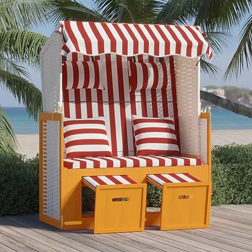 HEFZGDB Strandkorb mit Kissen Poly Rattan und Massivholz Rot & Weiß Feldbett Gartenliege Strandkorb Geeignet für Pool, Terrasse, Garten. von HEFZGDB