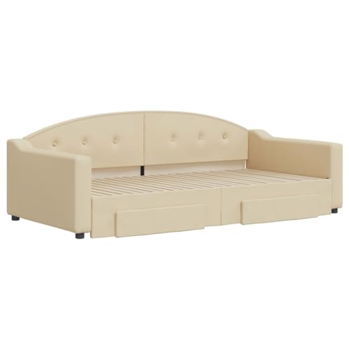 HEFZGDB Tagesbett Ausziehbar mit Schubladen Creme 100x200 cm Stoff Single Bed Bed Frame Familienbett Bettrahmen für Schlafzimmer Herberge Gästezimmer Wohnbereich von HEFZGDB