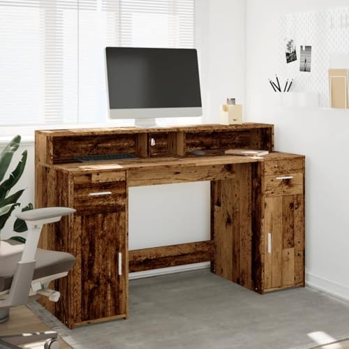 LED-Schreibtisch Altholz-Optik 140x55x91 cm Holzwerkstoff Computer Schreibtisch Gaming Tisch Desks Study Table für Wohnbereich Arbeitszimmer Küche Schlafzimmer von HEFZGDB