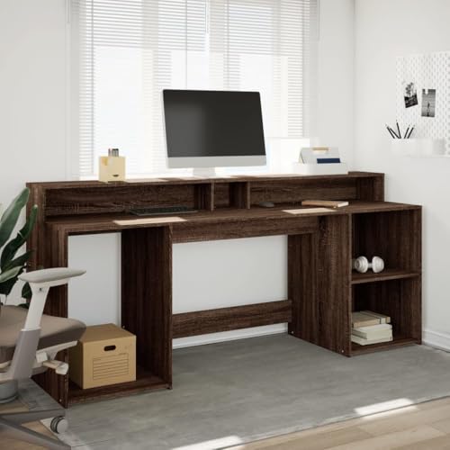 LED-Schreibtisch Braun Eichen-Optik 200x55x91 Holzwerkstoff Computer Schreibtisch Gaming Tisch Desks Study Table für Wohnbereich Arbeitszimmer Küche Schlafzimmer von HEFZGDB