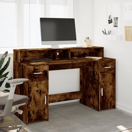 LED-Schreibtisch Räuchereiche 140x55x91 cm Holzwerkstoff Computer Schreibtisch Gaming Tisch Desks Study Table für Wohnbereich Arbeitszimmer Küche Schlafzimmer von HEFZGDB