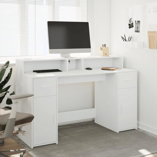 LED-Schreibtisch Weiß 140x55x91 cm Holzwerkstoff Computer Schreibtisch Gaming Tisch Desks Study Table für Wohnbereich Arbeitszimmer Küche Schlafzimmer von HEFZGDB