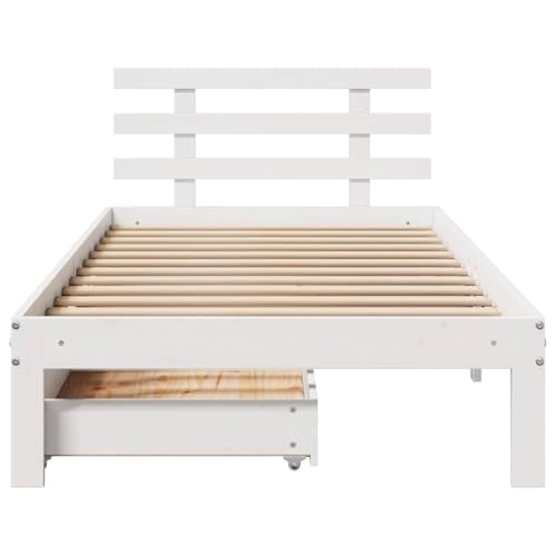 Massivholzbett mit Schubladen Weiß 90x190 cm Kiefer Double Bed Gästebett Bettgestell Einzelbett für Schlafzimmer Gästezimmer Wohnbereich Herberge von HEFZGDB