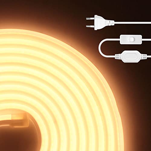 HEGEHE 230V COB Neon LED Streifen mit Schalter, IP65 Wasserdicht Superhell Hohe Dichte 288leds/m Flex LED Lichtband für Innen Aussenbereich Festival DIY Deko (Warmweiß, 10M) von HEGEHE
