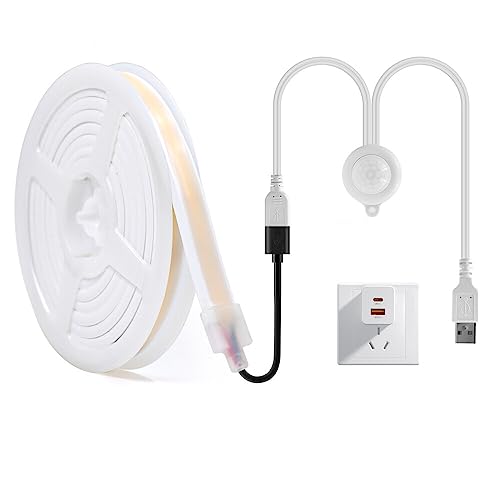 HEGEHE COB Neon LED Streifen mit Bewegungsmelder, 5V COB LED Strip Superhell Hohe Dichte, 320LEDs/M, LED Sensor Licht Diffusion Flex LED Schlauch für DIY Innenbeleuchtung Projekte (Naturweiß, 0.5M) von HEGEHE