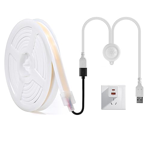 HEGEHE COB Neon LED Streifen mit Bewegungsmelder, 5V COB LED Strip Superhell Hohe Dichte, 320LEDs/M, LED Sensor Licht Diffusion Flex LED Schlauch für DIY Innenbeleuchtung Projekte (Weiß, 0.5M) von HEGEHE