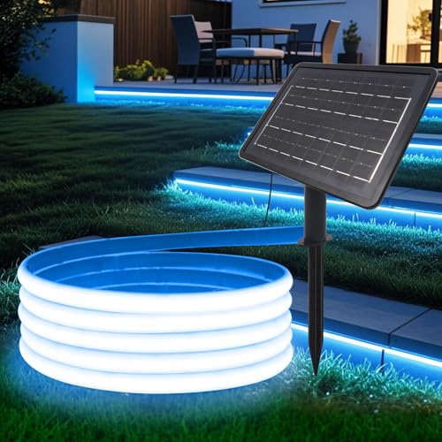 HEGEHE Solar LED Strip, Solarbetriebene COB Neon LED Streifen Außen, 320leds/m, 8 Modi, Schneidbar, IP65 Wasserdicht Diffusion Flex LED Schlauch Band für Garten, Balkon, Treppe (Blau, 5M) von HEGEHE