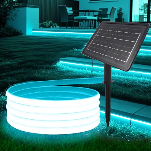 HEGEHE Solar LED Strip, Solarbetriebene COB Neon LED Streifen Außen, 320leds/m, 8 Modi, Schneidbar, IP65 Wasserdicht Diffusion Flex LED Schlauch Band für Garten, Balkon, Treppe (Eisblau, 4M) von HEGEHE