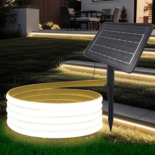 HEGEHE Solar LED Strip, Solarbetriebene COB Neon LED Streifen Außen, 320leds/m, 8 Modi, Schneidbar, IP65 Wasserdicht Diffusion Flex LED Schlauch Band für Garten, Balkon, Treppe (Naturweiß, 1M) von HEGEHE