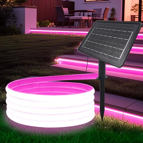 HEGEHE Solar LED Strip, Solarbetriebene COB Neon LED Streifen Außen, 320leds/m, 8 Modi, Schneidbar, IP65 Wasserdicht Diffusion Flex LED Schlauch Band für Garten, Balkon, Treppe (Rosa, 10M) von HEGEHE