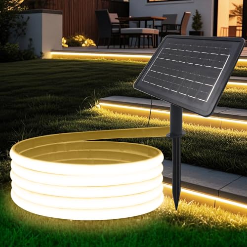 HEGEHE Solar LED Strip, Solarbetriebene COB Neon LED Streifen Außen, 320leds/m, 8 Modi, Schneidbar, IP65 Wasserdicht Diffusion Flex LED Schlauch Band für Garten, Balkon, Treppe (Warmweiß, 3M) von HEGEHE