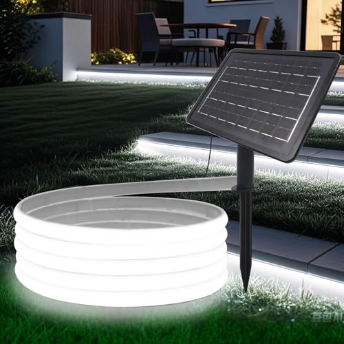 HEGEHE Solar LED Strip, Solarbetriebene COB Neon LED Streifen Außen, 320leds/m, 8 Modi, Schneidbar, IP65 Wasserdicht Diffusion Flex LED Schlauch Band für Garten, Balkon, Treppe (Weiß, 5M) von HEGEHE
