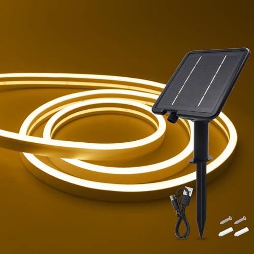 HEGEHE Solar LED Strip, Solarbetriebene Neon LED Streifen Außen, 120leds/m, 8 Modi, Schneidbar, IP65 Wasserdicht Diffusion Flex LED Schlauch Band für Garten, Balkon, Treppe (Warmweiß, 10M) von HEGEHE