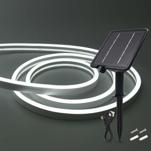 HEGEHE Solar LED Strip, Solarbetriebene Neon LED Streifen Außen, 120leds/m, 8 Modi, Schneidbar, IP65 Wasserdicht Diffusion Flex LED Schlauch Band für Garten, Balkon, Treppe (Weiß, 5M) von HEGEHE