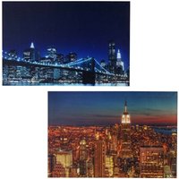 2er-Set LED-Bild Leinwandbild Leuchtbild Wandbild 40x60cm, Timer Skyline New York von HEGELE