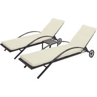2er-Set Sonnenliege HHG-284, Relaxliege Gartenliege, Poly-Rattan braun, Kissen creme-beige von HEGELE