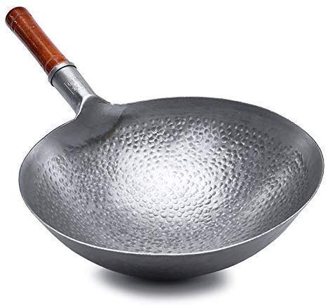 Vorgewürzter Kohlenstoffstahl-Wok, Handgeschmiedeter Eisen-Wok, Professioneller Chinesischer Traditioneller Handgehämmerter Kohlenstoffstahl-Pow-Wok Mit Ulmenholz- Und Stahl-Helfergriff-34cm von HEHE