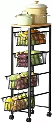 Kompakter Obstkorb aus Kohlenstoffstahl zum Herausziehen für die Küche, freistehender großer ausziehbarer Gemüse-Küchen-Aufbewahrungswagen mit Holzplatte und Rädern, Bodenaufbewahrungsbehält von HEHEXIQH
