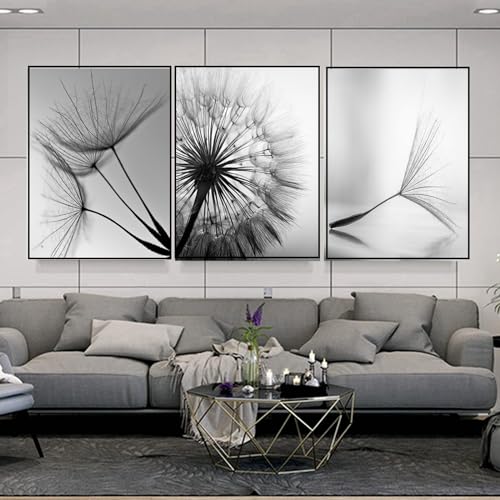 HEHGVCF 3 Pcs Leinwandbilder Bilder Pusteblume Schwarz Weiß Bilder auf Leinwand Modern Wandbilder Schwarz Kunstdruck Deko für Wohnzimmer Ohne Rahmen (Pusteblume,60 x90cm) von HEHGVCF
