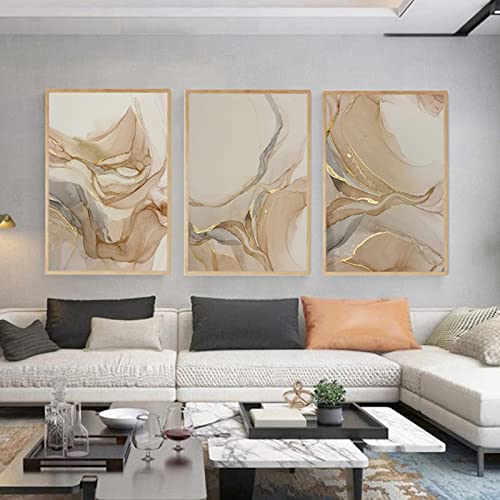 HEHGVCF 3 Stück 50x70 cm Gemälde auf Leinwand Beige Gold Abstrakte Fluid Art Gold Poster Set Schlafzimmer Wand Poster Drucke Wohnzimmer Home Wanddekoration Rahmenlos (Beige Gold,40x60cm) von HEHGVCF