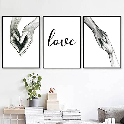 HEHGVCF 3 Stück Leinwand Bilder 50x70 Poster Schwarz & Weiß Love Hand in Hand Liebe Bilder,Wandkunst Kunstbuchstabe Leinwandbilder Poster für Wohnzimmer, Home Deko, Ohne Rahmen (Hand,20 x 30cm) von HEHGVCF