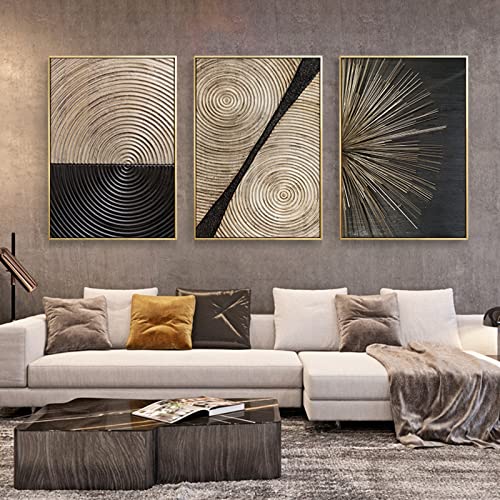 HEHGVCF 3 Stück Leinwand Bilder Schwarz Gold Jahresring Linien Wandbilder Wohnzimmer Home Deko Modern Wandbild Deko Leinwandbild Wanddeko Ohne Rahmen (3 Stück,20 x 30cm) von HEHGVCF