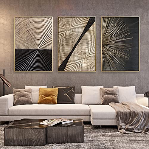 HEHGVCF 3 Stück Leinwand Bilder Schwarz Gold Jahresring Linien Wandbilder Wohnzimmer Home Deko Modern Wandbild Deko Leinwandbild Wanddeko Ohne Rahmen (3 Stück,30 x 45cm) von HEHGVCF