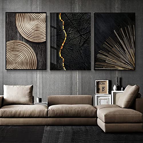 HEHGVCF 3 Stück Schwarz Golde Leinwandbild Jahresringe Bilder Set Wandbilder Gold Wanddekoration Wand Leinwandbilder Bild Wandkunst,Ohne Rahmen (C,30 x 45cm) von HEHGVCF