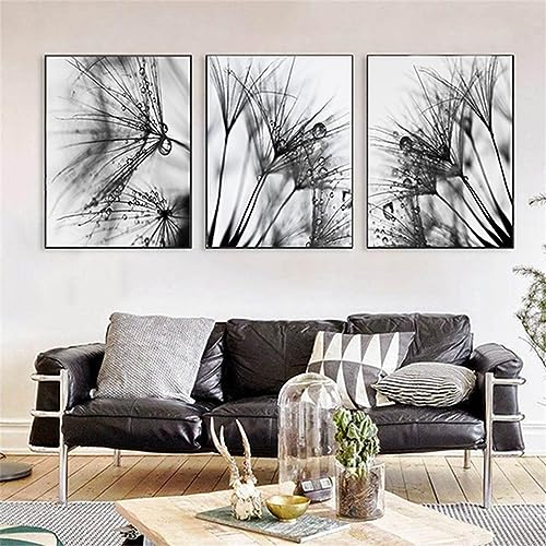 HEHGVCF 3 Teilig Modern Bild auf Leinwand Wandbilder Poster Set Schwarz Weiß Pusteblume Leinwandbilder Schwarz Weiss Bilder für Wohnzimmer Deko Ohne Rahmen (A,50 x70cm) von HEHGVCF