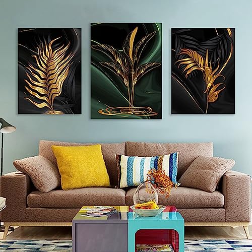 HEHGVCF 3 Teilig Modern Wandbild Wald Gold Bild auf Leinwand Pflanze Blattgold Poster,Abstrakte Wohnzimmer Wanddeko,Flur Art Deko Leinwandbilder,Ungerahmt (A,60 x 90cm) von HEHGVCF