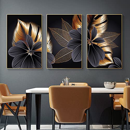 HEHGVCF 3 Teilig Wandbild Schwarz Goldenes Pflanzenblatt Leinwand Bilder, Abstrakt Gold Wandkunst, Modern Wandbilder Kunstdruck für Home Deko Bilder,Ohne Rahmen (Gold A,50 x70cm) von HEHGVCF