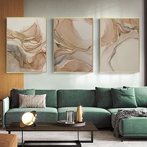 HEHGVCF 3 Teilige Bilder Gold Beige Poster Set 50x70cm Leinwand Bilder Abstrakte Fluid Art Poster Schlafzimmer Wand Poster Drucke Home Deko Rahmenlos (Beige Gold,50x70cm) von HEHGVCF