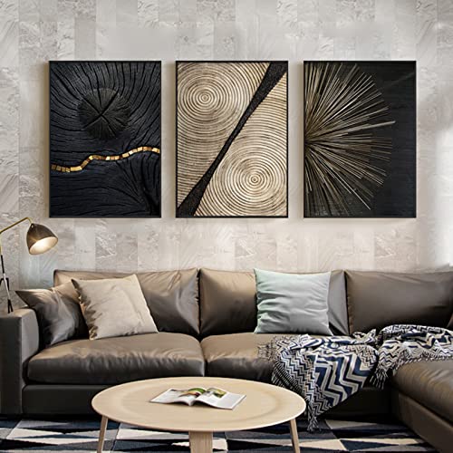 HEHGVCF 3 teilige Leinwand Linientextur Poster Gold, Schwarz Weiß Gold Jahresringe mit Bilder Set,Gold Jahresring Linien Leinwand Bilder,Wandkunst,Ohne Rahmen (A++B+C,40 x 60cm) von HEHGVCF