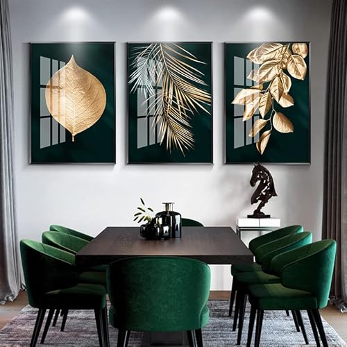 HEHGVCF 3-teiliges PremiumPoster-Set Gold,Leinwand Bilder Blätter, Natur Golden Pflanzen Blatt Wandbild,Galerie Wohnzimmer Art-Deco Gold Wandbild Rahmenlos (Gold,50 x70cm) von HEHGVCF