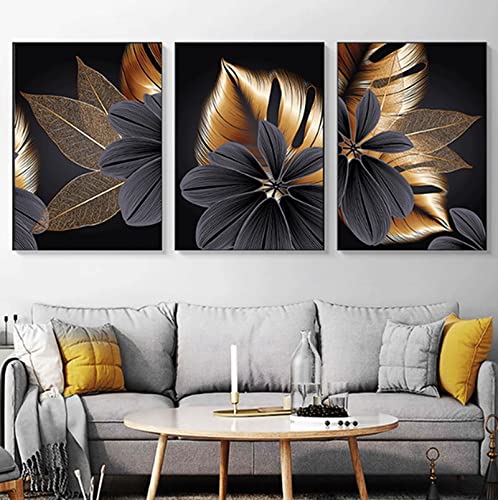 HEHGVCF 3er Poster Set Schwarz und Gold Wandbilder Leinwand Poster Moderne Abstrakt Pflanzen Bilder Set Leinwandbilder Wandposter Ohne Rahmen (Gold,40 x 60cm) von HEHGVCF