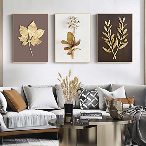HEHGVCF 3er Set Leinwand Poster Wandbilder,Modern Pflanzen Leinwand Poster,Gold Pflanzen Bild,Bilder für Home Deko Gold Rahmenlos (Gold A,20 x 30cm) von HEHGVCF