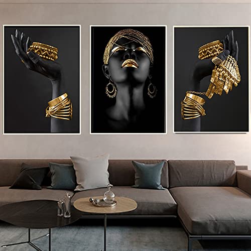 HEHGVCF 3er Set Leinwandbilder Gold Bilder Afrikanische Frau Poster Frau Bilder Auf Leinwand Vintage Afrikanische Frau Bilder Home Dekor Ohne Rahmen (A+B+C,30x60cm) von HEHGVCF