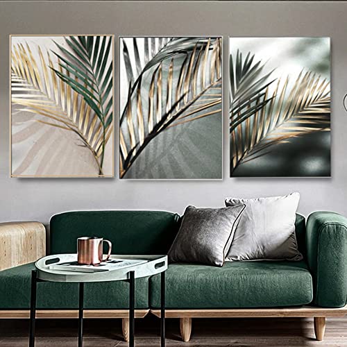 HEHGVCF 3er Set Moderne Wandbild Poster Gold, Wald Grün Leinwand Bilder, Wand Deko Bild Goldene Blatt Poster,Home Deko Bild Gold,Rahmenlos (Grün,40 x 60cm) von HEHGVCF