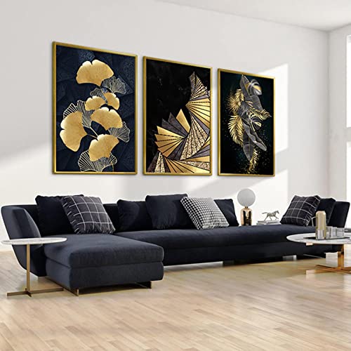 HEHGVCF 3er Set Moderne Wandbild Poster Schwarzes Gold Blätter Bilder Leinwand Goldene Ginkgo Blätter Wandbilder Abstrakte Geometrische Bilder Moderne Kunst Wand Poster Ohne Rahmen (Gold,40 x 60cm) von HEHGVCF