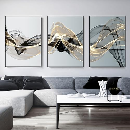 HEHGVCF 3er Set Ohne Rahmen Leinwand Bilder Wandbilder Nordische Grau Blau Gold Bild auf Geometrische Leinwand Linie Bilder für Schlafzimmer und Wohnzimmer Kunst Wanddekoration (B,30 x 45cm) von HEHGVCF