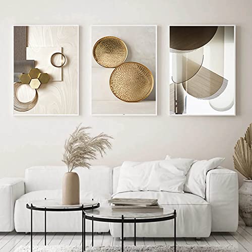 HEHGVCF Abstrakte Moderne Bilder Set Beige Grau Bild auf Leinwand Bilder 50x70 Poster 3er Set Schwarz Grau Beige Gold für Wohnzimmer Schlafzimmer Wanddeko Ohne Rahmen (Geometrische B,50 x70cm) von HEHGVCF