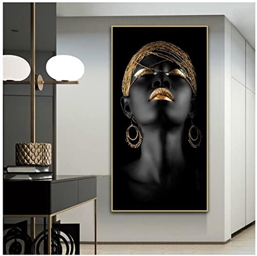 HEHGVCF Afrikanische Frau Leinwand Bilder Schwarz und Gold Frau Kunstdruck auf Leinwand Abstrakte Leinwand Poster und Drucke Wandkunst Bild 80x160cm Rahmenlos (Frau,80x160cm) von HEHGVCF