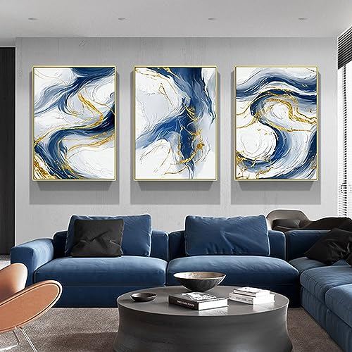 HEHGVCF Blau und Gold Leinwandbilder Abstrakte Kunst Linien Kunstdruck auf Leinwand Modern Wandbilder Wanddekoration Wand Bild No Framed (Blau,30 x 45cm) von HEHGVCF