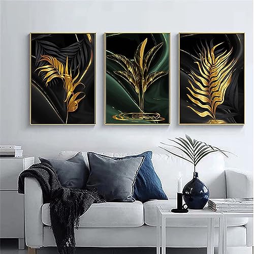 HEHGVCF Leinwand Bilder 3er Set Natur Pflanze Poster Leinwandbild Bilder Set Modern Gold Leinwandbilder Wandbilder für Wohnzimmer Deko Ohne Rahmen (A,50 x70cm) von HEHGVCF