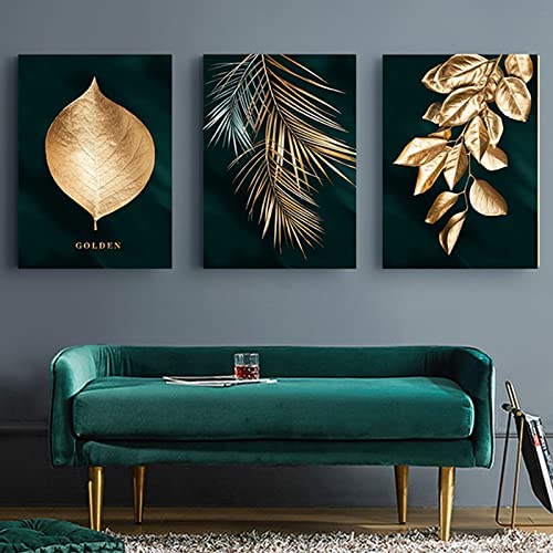 HEHGVCF Leinwand Bilder 3er Set Natur Pflanze Poster Leinwandbild Bilder Set Modern Gold Leinwandbilder Wandbilder für Wohnzimmer Deko Ohne Rahmen (B,50 x70cm) von HEHGVCF