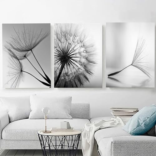 HEHGVCF Leinwand Bilder 3er Set Schwarz Weiß,Blumen Pusteblume Bilder,Schwarz Weiss Bilder Wohnzimmer Schlafzimmer Deko Ohne Rahmen (C,60 x 90cm) von HEHGVCF