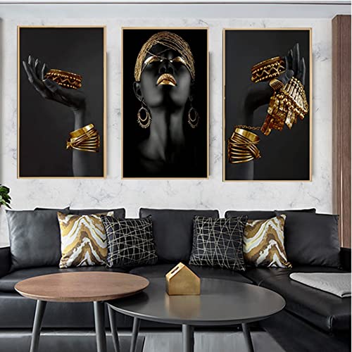 HEHGVCF Leinwandbilder Gold Afrikanische Frau,Bilder Afrikanische Frauen, Leinwand Schwarz Gold Kunst Poster und Drucke Kein Rahmen (Frau,60x120cm) von HEHGVCF